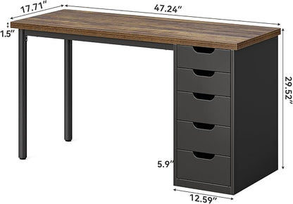 LITTLE TREE Computer Desk with 5 Drawers, 47 Inch Modern Simple Study Writing Desk with Metal Frame, Work Desk for Home Office, Rustic Brown and Black