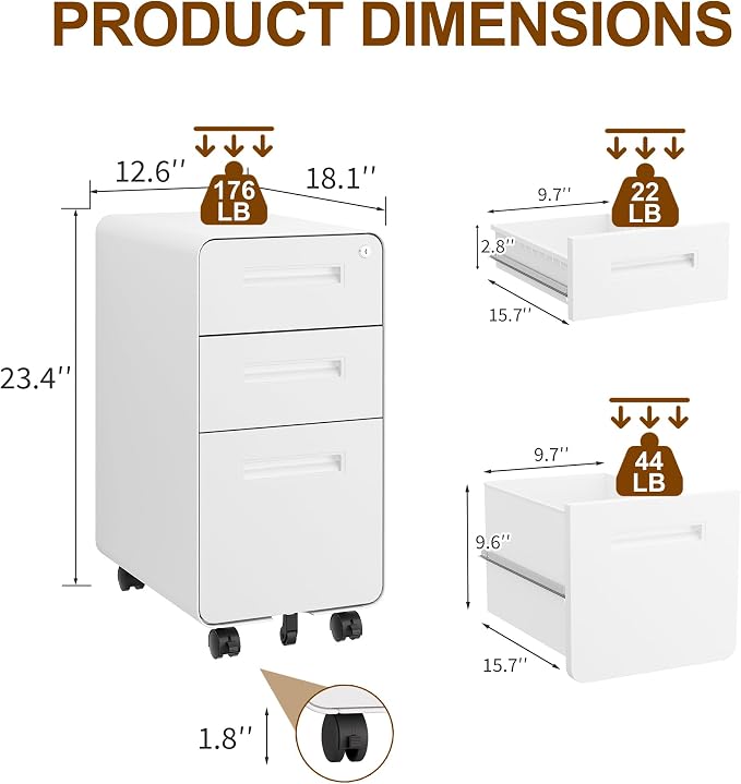 3 Drawers Slim File Cabinet, Mobile Filing Cabinet with Lock, Steel, Fully Assembled Except Casters, for Home Office, for A4, Letter, Legal File Folders, White