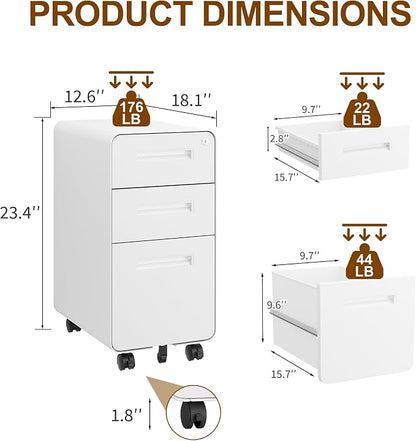 3 Drawers Slim File Cabinet, Mobile Filing Cabinet with Lock, Steel, Fully Assembled Except Casters, for Home Office, for A4, Letter, Legal File Folders, White