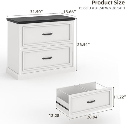 Halitaa 2 Drawer File Cabinet, Farmhouse Lateral Filing Cabinet for Letter/A4/Legal Size Hanging Files, Large Wood File Storage Cabinets Printer Stand for Home Office, White and Black