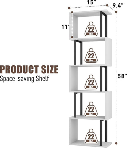 Gadroad 5-Tier Bookshelf, Narrow S-Shaped Geometric Bookcase, Wood Decorative Storage Shelving, Modern Freestanding Display Shelves, Book Shelf Unit for Living Room Bedroom Home Office, White