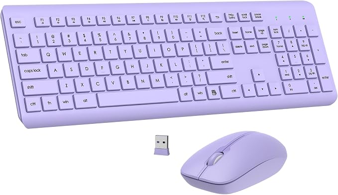 Wireless Keyboard and Mouse Combo, Full-Size Silent Ergonomic Keyboard and Optical Mouse, Long Battery Life, 2.4G Lag-Free Mice Keyboard for Computer, Mac, Laptop, PC, Windows(Purple)