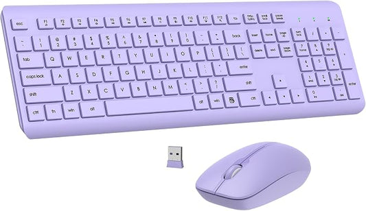 Wireless Keyboard and Mouse Combo, Full-Size Silent Ergonomic Keyboard and Optical Mouse, Long Battery Life, 2.4G Lag-Free Mice Keyboard for Computer, Mac, Laptop, PC, Windows(Purple)