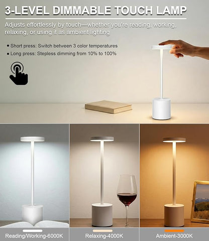 Swinerton White Rechargeable Cordless Table Lamps Set, 5000mAh Battery Powered Wireless Table Light, Portable LED Desk Lamp, 3 Color Dimmable Lighting for Restaurant Dining Patio Outdoor Bedroom