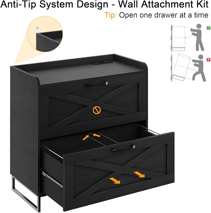 Halitaa Lateral File Cabinet with Charging Station, 2 Drawer File Cabinet for Letter/Legal/A4 Size Hanging Files, Large Wood File Storage Cabinets Printer Stand for Home Office, Black