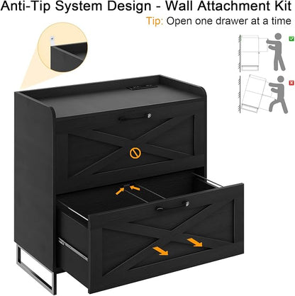 Halitaa Lateral File Cabinet with Charging Station, 2 Drawer File Cabinet for Letter/Legal/A4 Size Hanging Files, Large Wood File Storage Cabinets Printer Stand for Home Office, Black
