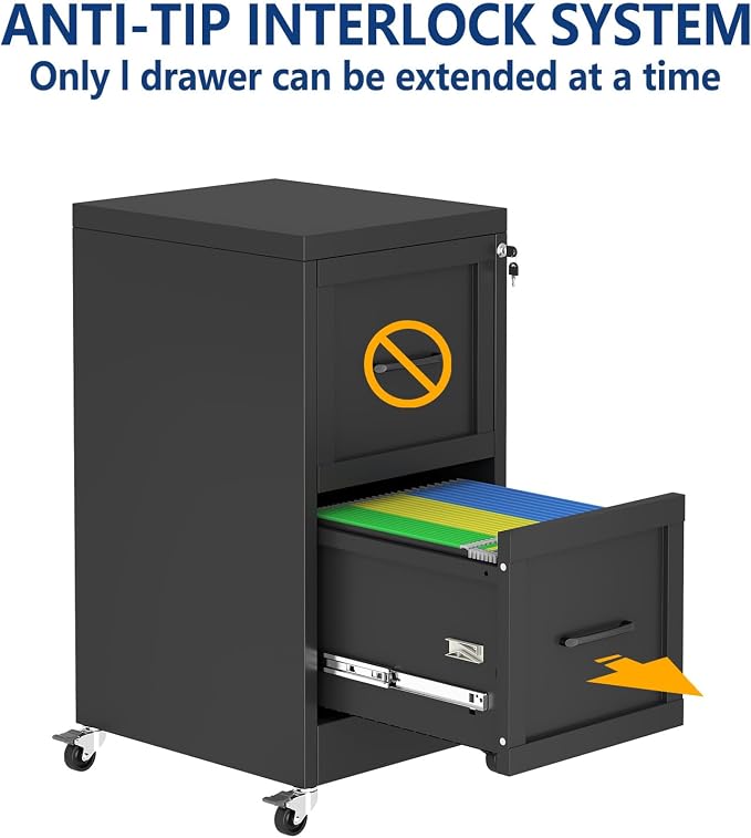 Ckzbx 2 Drawer File Cabinet with Lock, Narrow Vertical Filing Cabinet, Under Desk File Cabinets,Black Metal File Cabinets for Home Office,Fit Letter/A4/Legal Size File (Wheel)