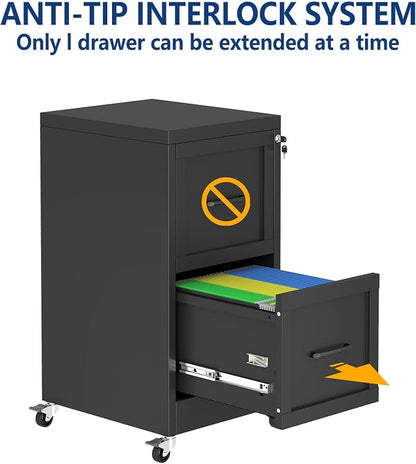 Ckzbx 2 Drawer File Cabinet with Lock, Narrow Vertical Filing Cabinet, Under Desk File Cabinets,Black Metal File Cabinets for Home Office,Fit Letter/A4/Legal Size File (Wheel)
