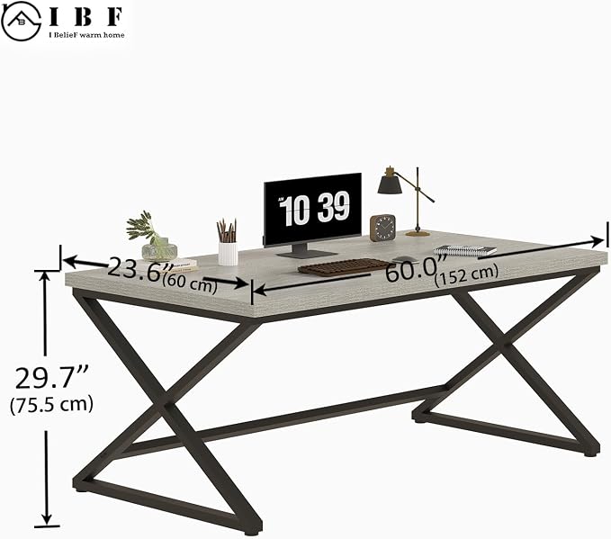 IBF Gray Computer Desk, Industrial 60” Work Desk for Writing Study, Simple Wooden Metal Executive Home Office Desk, Modern Pc Gaming Laptop Workstation Computer Table in Bedroom, Light Grey Oak