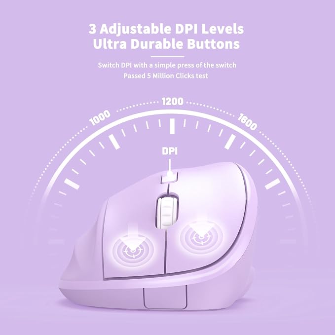 Ergonomic Wireless Mouse with USB Receiver for PC Computer, Laptop and Desktop, Ergo Mouse Vertical with Silent Clicks Long Battery Life, Up to 1600 DPI & 1 AA Battery Powered, Purple