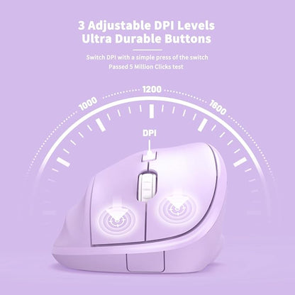Ergonomic Wireless Mouse with USB Receiver for PC Computer, Laptop and Desktop, Ergo Mouse Vertical with Silent Clicks Long Battery Life, Up to 1600 DPI & 1 AA Battery Powered, Purple