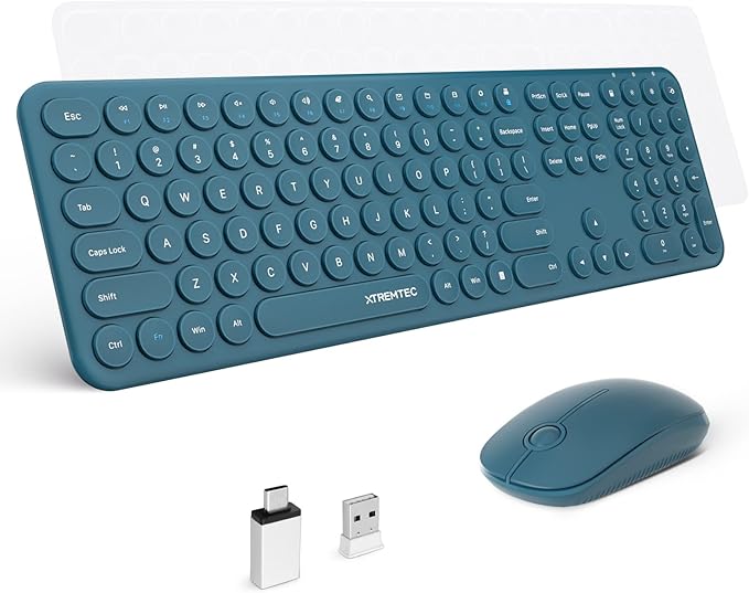 2.4GHz Full Size XTREMTEC Wireless Keyboard and Mouse Combo,Ultra Slim Silent Cute Aesthetic Retro Round Keycap Keyboard,Cordless Quiet Blue Keyboard and Mouse Wireless for Windows,Mac OS (Blue)