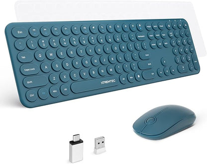 2.4GHz Full Size XTREMTEC Wireless Keyboard and Mouse Combo,Ultra Slim Silent Cute Aesthetic Retro Round Keycap Keyboard,Cordless Quiet Blue Keyboard and Mouse Wireless for Windows,Mac OS (Blue)