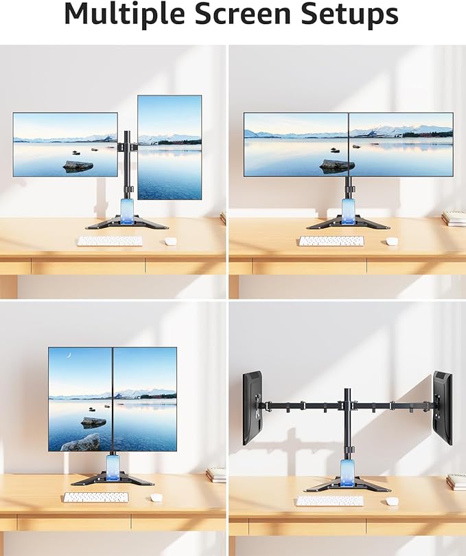 MOUNTUP Dual Monitor Stand - Freestanding & Height Adjustable Monitor Desk Mount, Steady VESA Mount Holds Max 17.6 lbs, Computer Monitor Stand for 2 Screens up to 27 inches, for Home Office