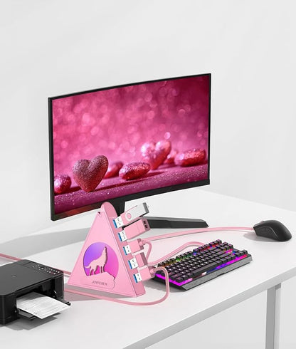 7 USB 3.0 Ports, Howling Wolf Pink USB Hub - 2FT Long Cable, Vertical USB Hub Expander Compatible with PC, Laptop, Flash Drive, HDD, Console, Printer, Keyborad, Mouse