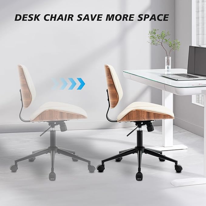 Armless Desk Chair with 360°Swivel Wheels, Ergonomic Adjustable Height Computer Chair for Home Office,PU Leather with Modern Walnut Drafting Chairs for Office, Reading Nook(Beige)