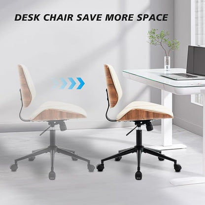 Armless Desk Chair with 360°Swivel Wheels, Ergonomic Adjustable Height Computer Chair for Home Office,PU Leather with Modern Walnut Drafting Chairs for Office, Reading Nook(Beige)