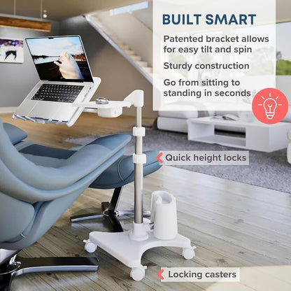 LEVO G2 Deluxe Adjustable Laptop Stand – Rolling Computer Desk & Ergonomic Table for Bed, Sofa, or Office – Portable Mobile Workstation with Tilt – Fits Devices up to 16″ - Silver & White
