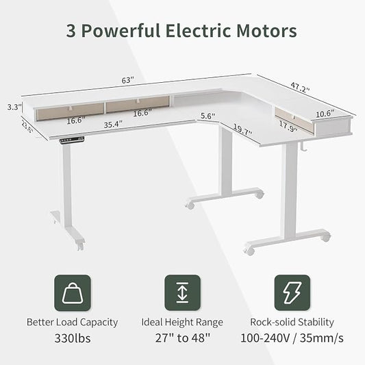 FEZIBO 63" Triple Motor L Shaped Standing Desk with 3 Drawers, 330LBS Electric Standing Gaming Office Desk L Shape, Pure White