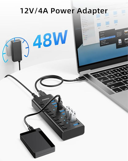 AGEEN 10-Port USB 3.2 Gen 2 Hub, 10Gbps High-Speed Aluminum Powered Hub with 48W Adapter, Individual Switches & Surge Protection for PC/Laptop, Flash Drive, Printer, Camera