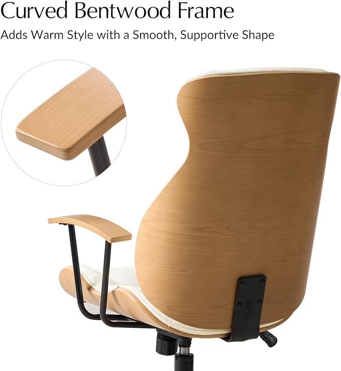 HULALA HOME Solid Wood Office Chair with Tilt Function, Mid Century Modern Bentwood Desk Chair with High Backrest, Height Adjustable Swivel Fabric Computer Task Chair, Ivory