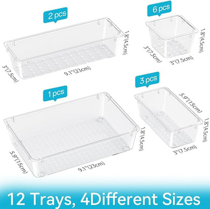 ElegantArray 12 PCS Drawer Organizer Set, 4 Sizes Tool Storage Trays, Clear Plastic Makeup Vanity Organizer and Storage Bins for Makeup, Stationeries, Multiple Gadgets for Bathroom, Office, Bedroom