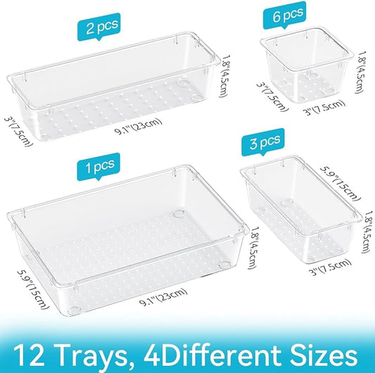 ElegantArray 12 PCS Drawer Organizer Set, 4 Sizes Tool Storage Trays, Clear Plastic Makeup Vanity Organizer and Storage Bins for Makeup, Stationeries, Multiple Gadgets for Bathroom, Office, Bedroom