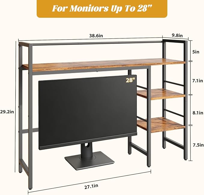 HavenlyYouth Desk Shelf, 38.6 Inch Wood Desk Organizer Shelf for Computer Monitor, Desk Hutch Storage, Desktop Shelf for Top of Desk, 3 Tier Desktop Bookshelf for Home Office Dorm, Rustic