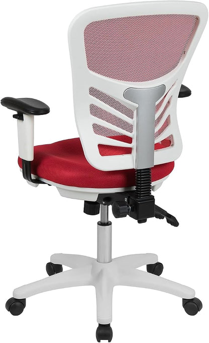 Flash Furniture Nicholas Mid-Back Red Mesh Multifunction Executive Swivel Ergonomic Office Chair with Adjustable Arms and White Frame