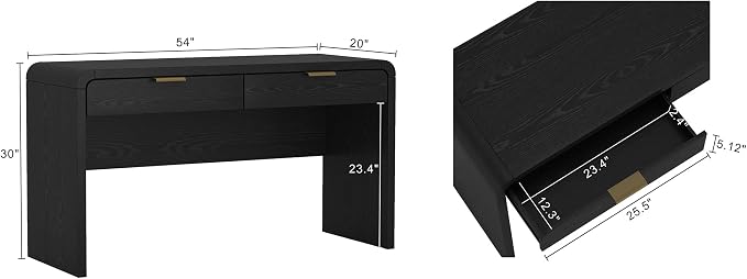 Manhattan Comfort Grace 54" Modern Office Desk with 2 Drawers, Wood Table with Metal Recessed Handles for Work from Home, Study, Craft, Stylish Executive Desk, Black and Gold