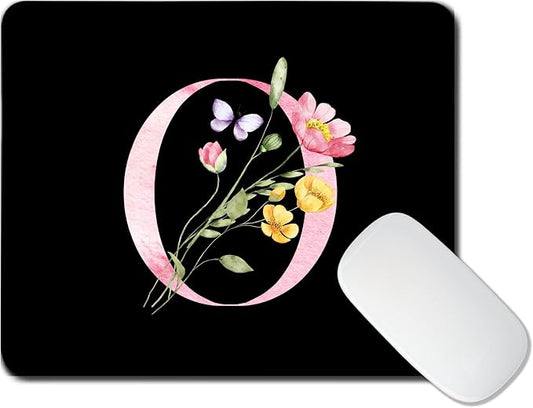 Mouse Pad Pinks Flowers Initial Letters Mousepad Desktop Laptop Computer Accessories Home Office Gaming Work Desk Computer Non-Slip Rubber Monogram Floral Alphabet A-Z mousepad (O)