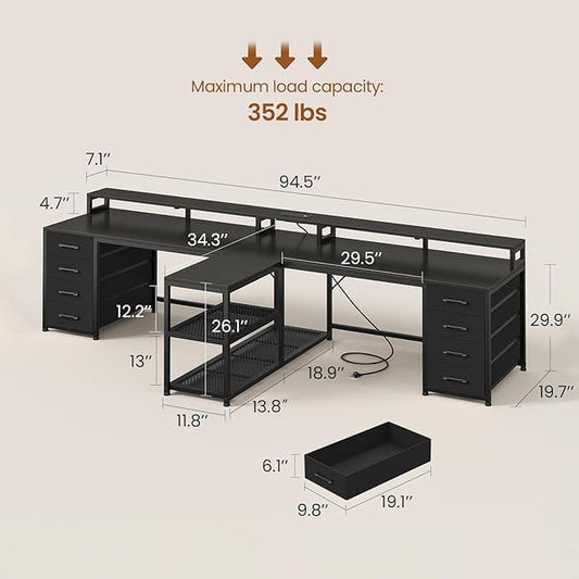 SEDETA 94.5" 2 Person Gaming Desk, Long Office Computer Desk with 8 Drawers & LED Light, Two Person Desk with Storage, Power Strip & Monitor Shelf for Home Office, Black