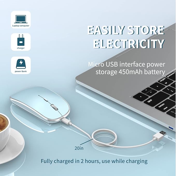 Halpilt Wireless Mouse Chargeable Portable Silent USB and Type-C Dual Mode Wireless Mouse 3 Adjustable DPI for Laptop, Mac, Mac, Android, PC (Q23S Blue)