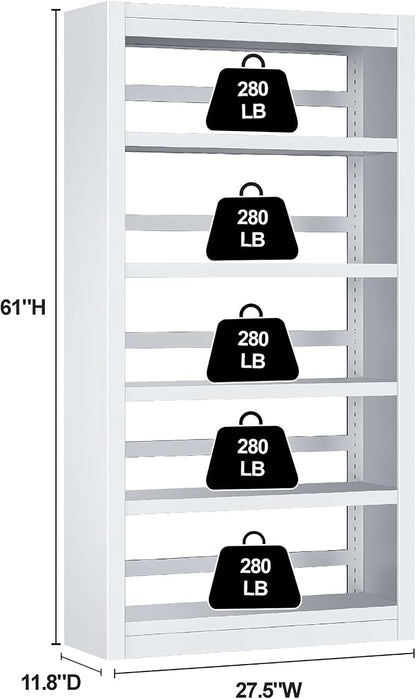 5 Tier White Bookshelf, 61" H Adjustable Bookshelf with Large Capacity, Suitable for Modern Storage Shelves in Living Rooms, Homes Offices, Garage, Sturdy Metal Bookshelf for Organizing