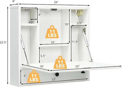 COSTWAY Wall-Mounted Computer Desk, Floating Desk with Storage Drawer & Shelves, Fold-up Desktop & Pneumatic Springs, Ideal for Home, Office, Dormitory, Small Spaces (White)