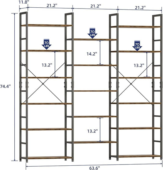 NUMENN Triple Column 6 Tier Bookshelf, Bookcase with 17 Open Display Shelves, Adjustable Rustic Industrial Style Book Shelves, Modern Bookshelves for Bedroom, Living Room and Home Office, Vintage