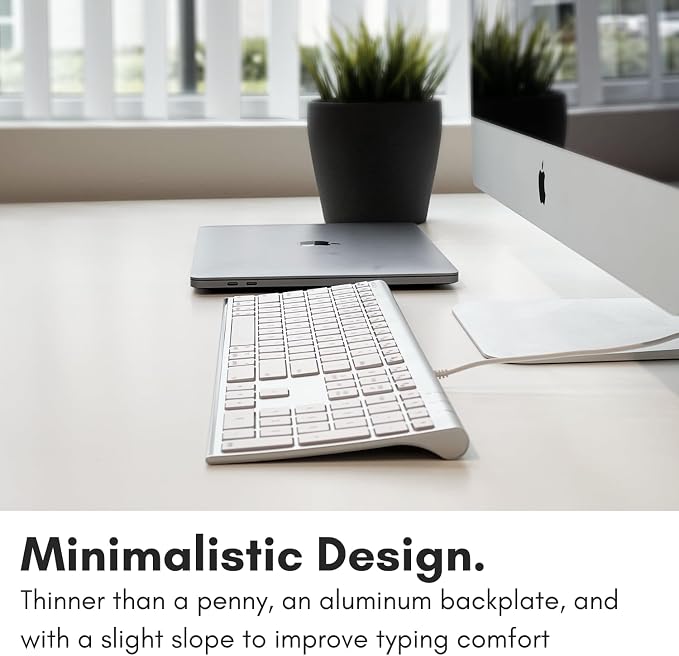 Macally Ultra Slim USB Wired Computer Keyboard - Compatible Apple Keyboard or Windows - Full Size with 20 Mac Keyboard Keys -with Numeric Keypad - Silver Aluminum Finish