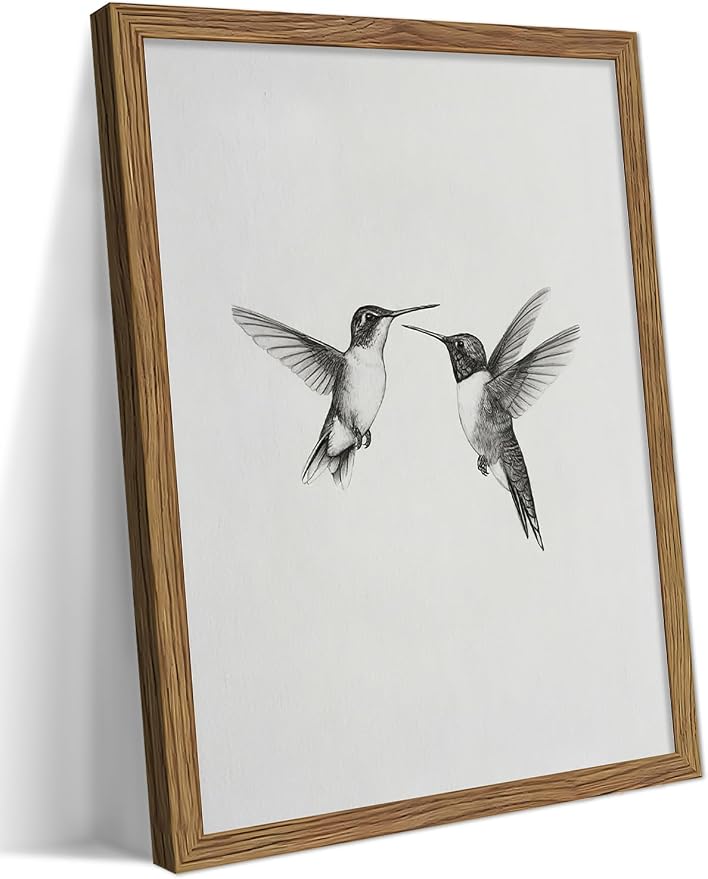 Vintage Wall Art Framed Hummingbird Canvas Print, Modern Farmhouse Birds Wall Decor, Living Room Sketch Painting Picture, Minimalist Black and White Bird Bedroom Decor – 16x24 inch