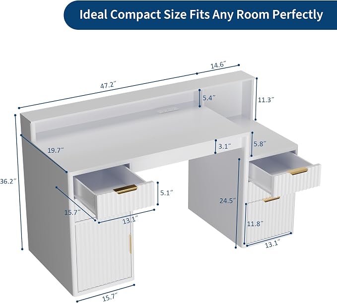 IDEALHOUSE Rectangular Computer Desk with Hutch & Printer Stand, Ripple Door Storage Home Office Desk, Space-Saving Study Writing Desk for Bedroom, Sturdy Board Student Desk with Easy Assembly