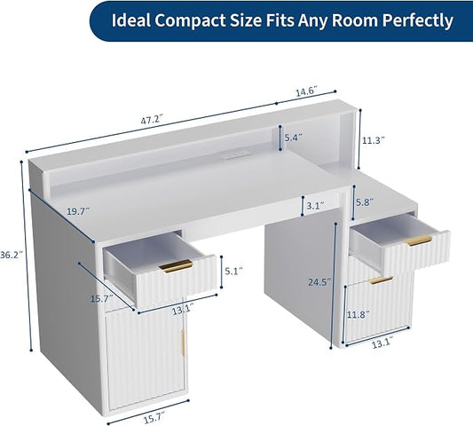 IDEALHOUSE Rectangular Computer Desk with Hutch & Printer Stand, Ripple Door Storage Home Office Desk, Space-Saving Study Writing Desk for Bedroom, Sturdy Board Student Desk with Easy Assembly