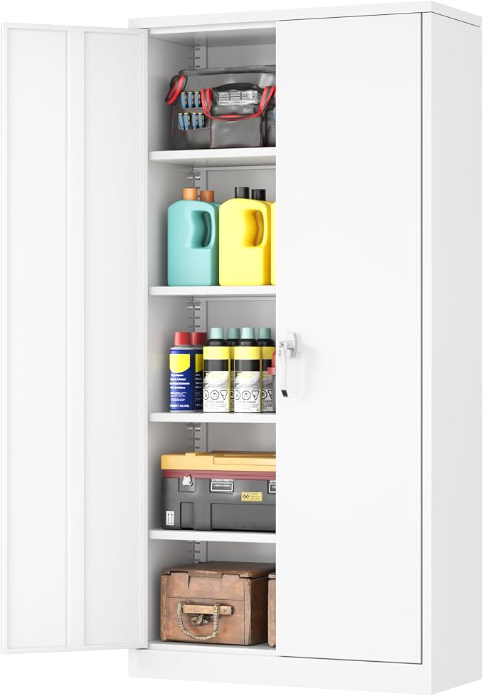 INTERGREAT Metal Garage Storage Cabinet with Lock, 72" Storage Cabinet with Locking Doors and 4 Adjustable Shelves, Lockable Steel Tool Cabinet for Home Office, School,White