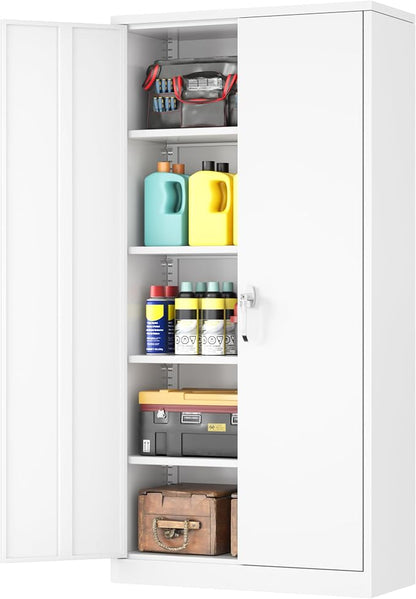 INTERGREAT Metal Garage Storage Cabinet with Lock, 72" Storage Cabinet with Locking Doors and 4 Adjustable Shelves, Lockable Steel Tool Cabinet for Home Office, School,White