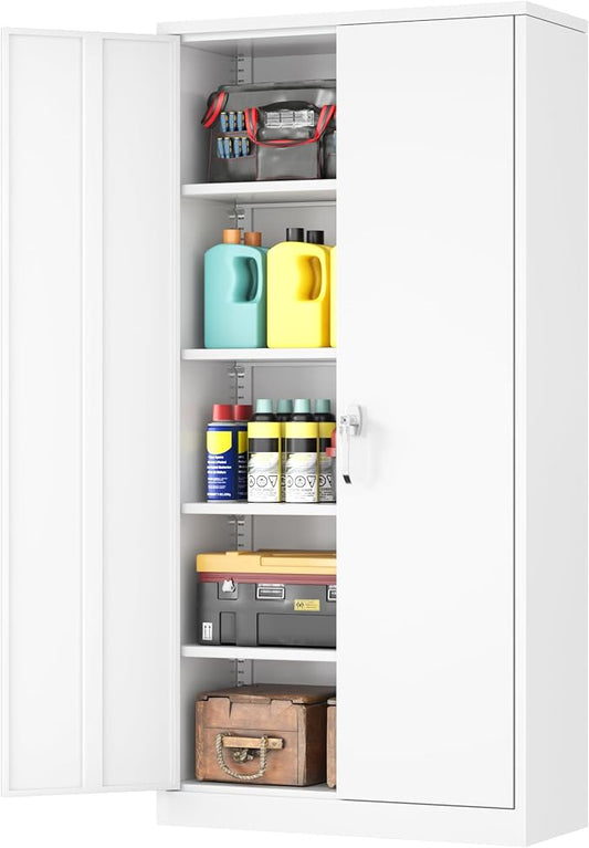 INTERGREAT Metal Garage Storage Cabinet with Lock, 72" Storage Cabinet with Locking Doors and 4 Adjustable Shelves, Lockable Steel Tool Cabinet for Home Office, School,White