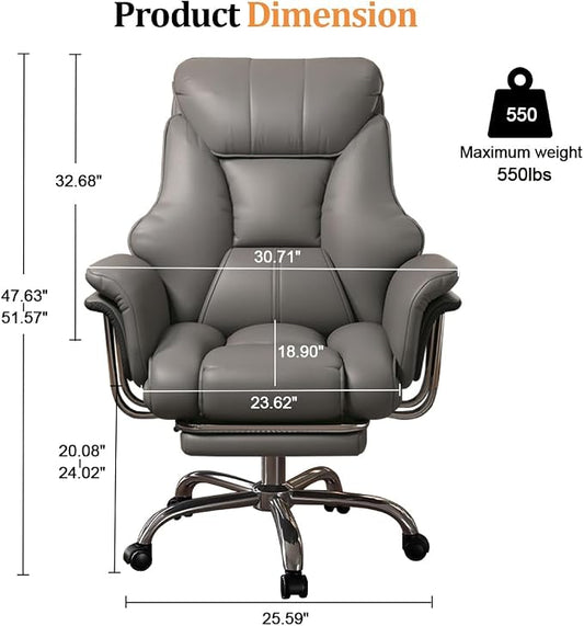 Big and Tall Office Chair 550 lbs Extra Wide Leather Executive Chair with Retractable Footrest, Heavy-Duty Ergonomic Chair, Adjustable Height Computer Gaming Chairs