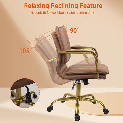 CLATINA Leather Home Office Desk Chairs, Swivel Mid-Back Computer Chair with Golden Legs and Arms, Comfy Upholstered Task Chair with Wheels, Brown