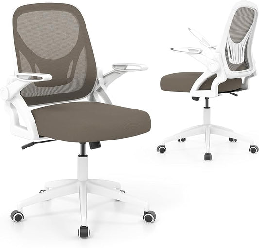 COSTWAY Office Chair, Comfy Swivel Rolling Desk Chair with Adjustable Height & Flip-Up Armrests, Ergonomic Mesh Computer Chairs with Lumbar Support for Working & Gaming (Grey)