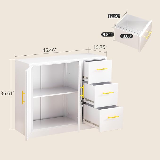 pozdeg Buffet Sideboard Cabinet with Storage, 36.61" H Kitchen Storage Pantry Cabinet with 3 Drawers, Metal Cupboard Coffee Bar Station Table for Kitchen, Living Room, Dining Room (White)