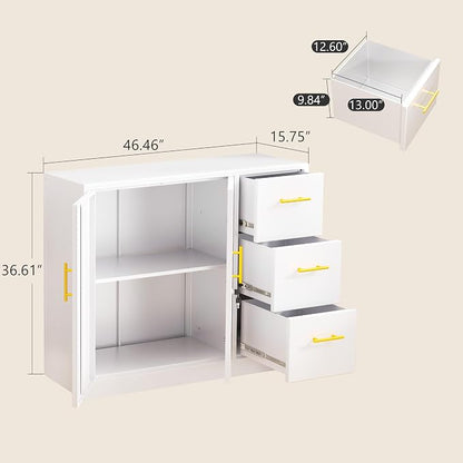 pozdeg Buffet Sideboard Cabinet with Storage, 36.61" H Kitchen Storage Pantry Cabinet with 3 Drawers, Metal Cupboard Coffee Bar Station Table for Kitchen, Living Room, Dining Room (White)