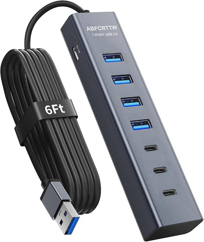 6Ft 7-Port USB Hub 3.0 for Desktop, 4 USB-A & 3 USB-C Ports Aluminium 5Gbps USB Extender Hub, USB Splitter, USB Hub Long Cable for Desktop, PC, Flash Drive, Mobile HDD SSD, Windows/XPS