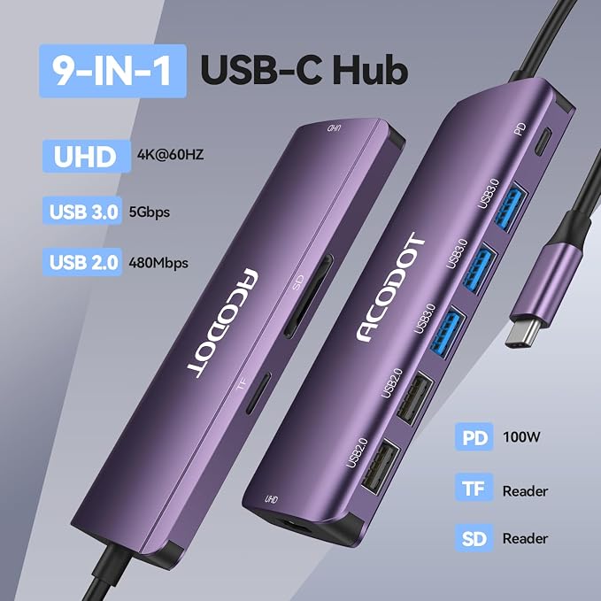 USB C Hub, 9-in-1 Multi-Port USB Adapter, 4K@60Hz HDMI, 100W Max PD, 3 USB3.0(5Gbps) + 2 USB2.0 Data Ports, SD/TF Card Reader for MacBook, iPad Pro, Dell, HP, Lenovo, Windows Laptop, Purple